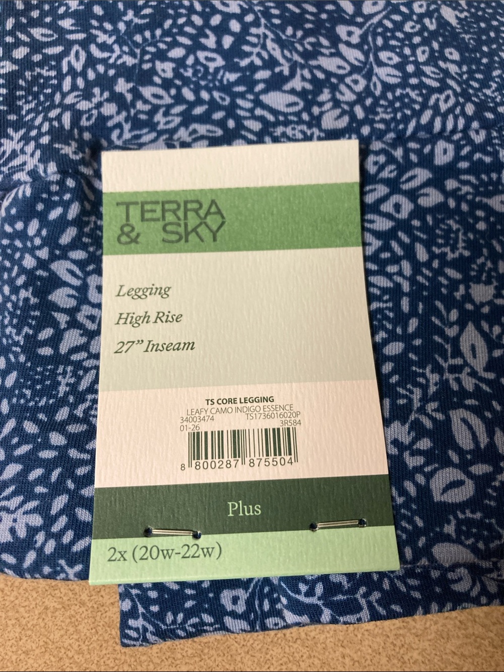 Terra & Sky Plus High Rise Legging - Blue and White Leaf print